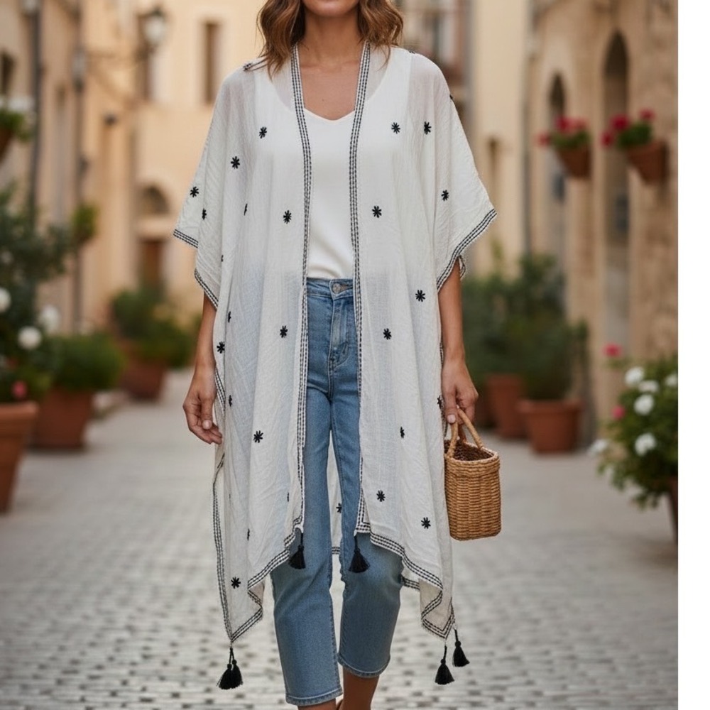 Star Mela White Embroidered Cotton Kimono Cover Up Tassel Boho One Size